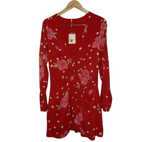 NWT Free People Date Night Mini Dress Strawberry Combo Red Floral Polka Dot Med - Picture 2 of 16